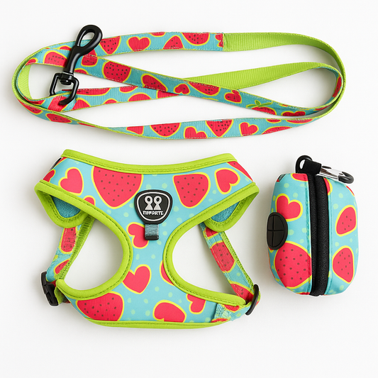 Arnés Ajustable para Perros + Correa + Porta Bolsitas – Diseño Corazones de Sandia